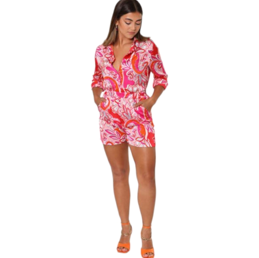 SHEIN 2 Piece Retro Paisley Print  Pink & Red TOP AND SHORT SET SIZE L NWOT